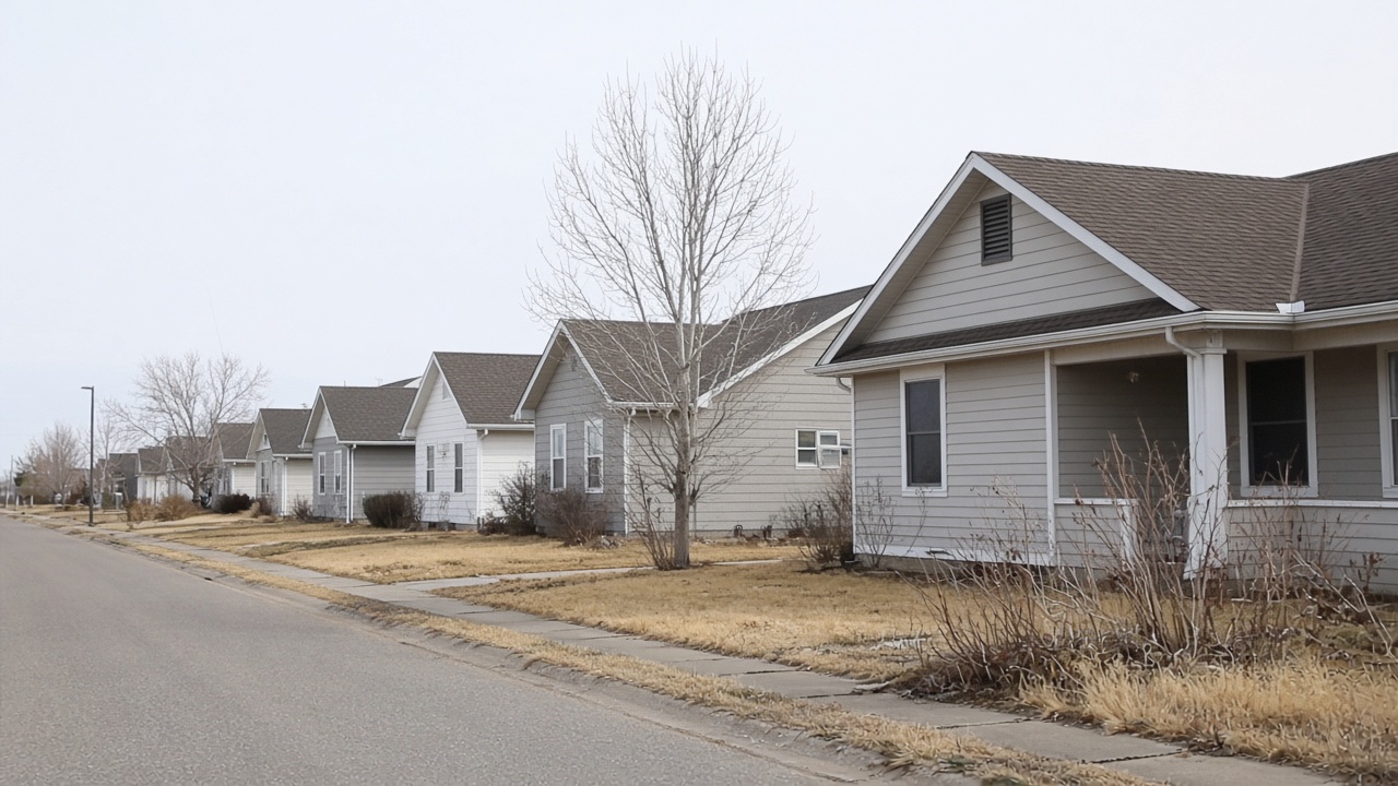 Northern Colorado street of modest gable roofs in dry daylight