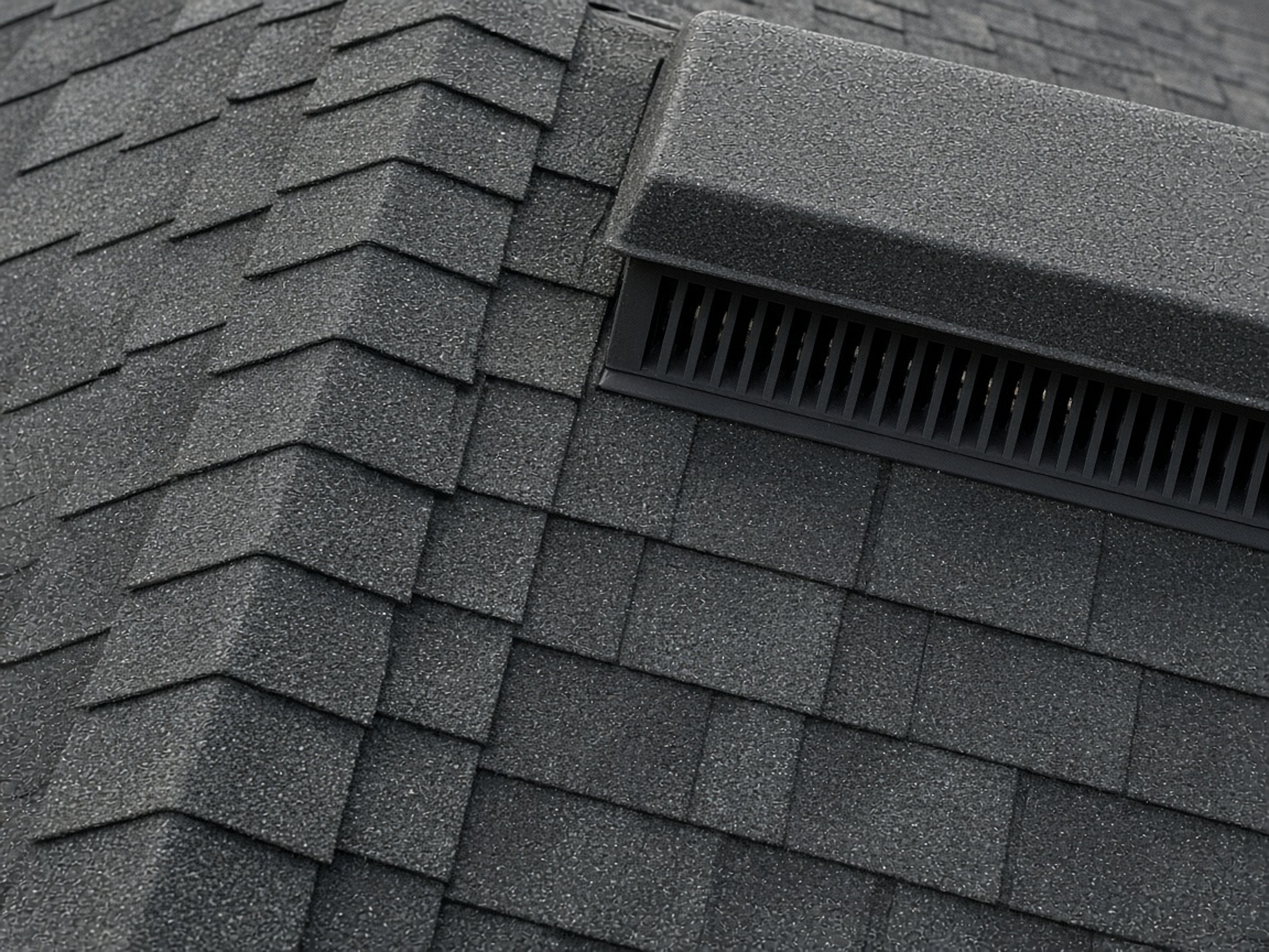Ridge cap and ventilation detail on an asphalt roof