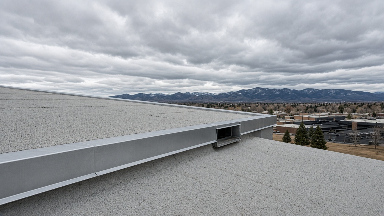 Commercial low-slope roof edge with coping under overcast Front Range light